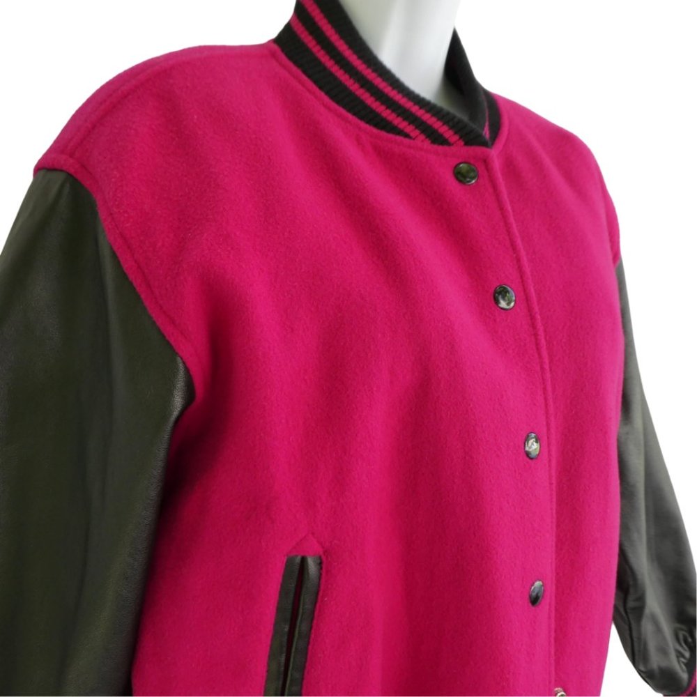 LeaTHeR Vintage Dark Pink WooL Black Letterman Varsity Bomber Jacket LizSport M - Picture 4 of 10